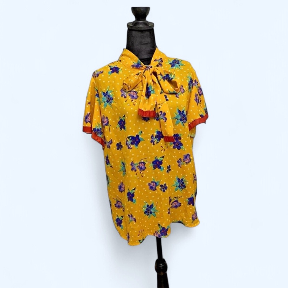 Iky & me Yellow Floral Blouse with Bow Tie Women’s blouse